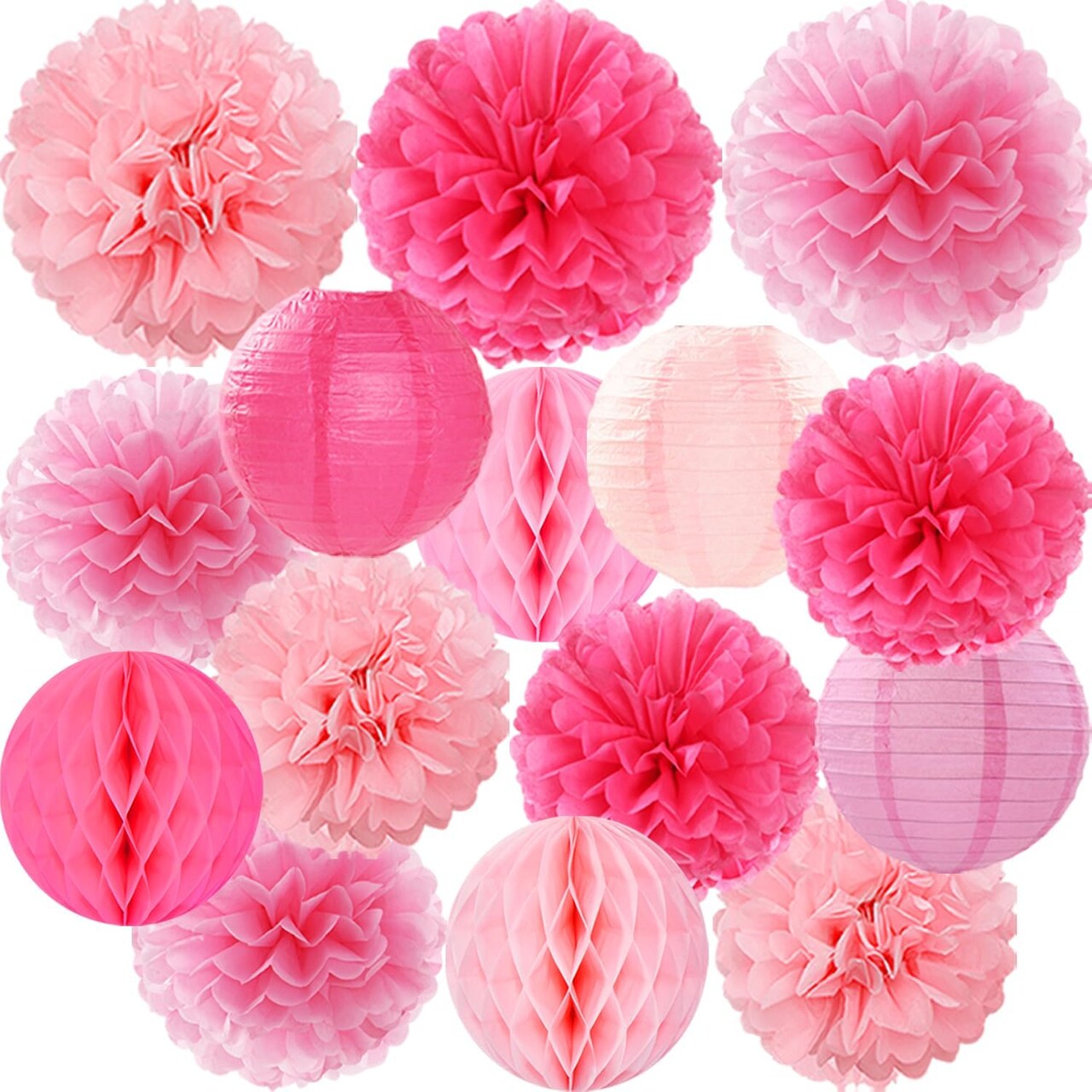 Tissue Pom Poms Honeycomb Balls Lanterns 15pcs Party Decorations(Pink)